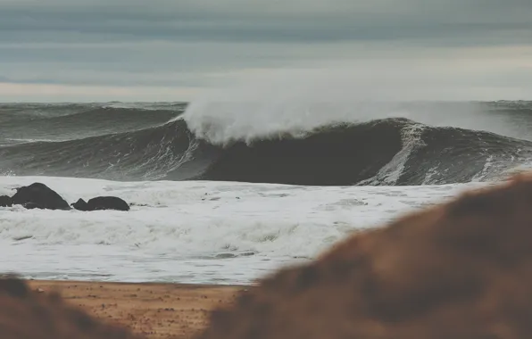 Sea, overcast, shore, Wave, Storm