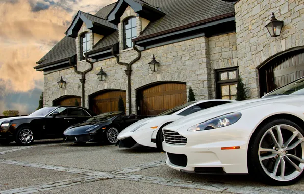 White, black, the building, Aston Martin, house, white, gallardo, Aston martin