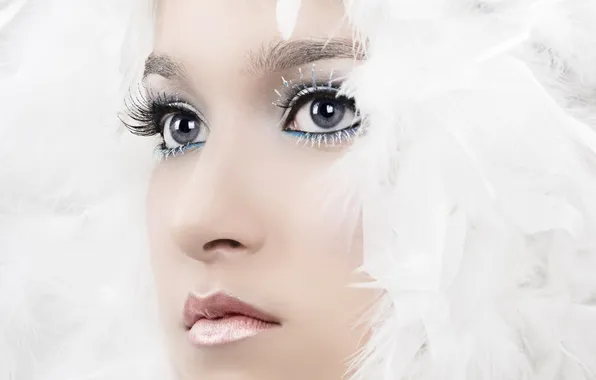 Look, face, feathers, lipstick, lips