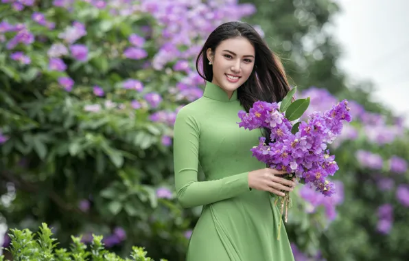 Picture girl, flowers, Asian