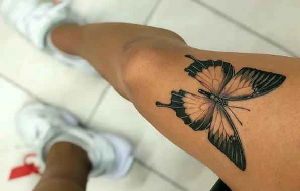 Girl, tattoo, sneakers, tattoo butterfly, slender legs, tattoo on the leg