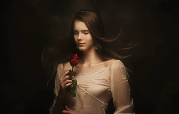 Picture girl, face, the dark background, hair, portrait, roses, dress, closed eyes