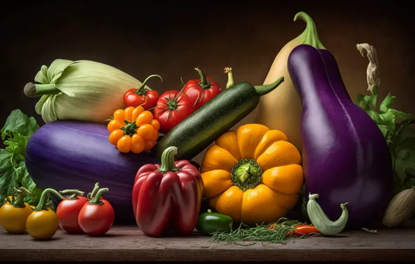 Greens, bright, Board, food, corn, harvest, eggplant, pepper