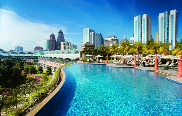 The sky, clouds, palm trees, building, The city, pool, Kuala Lumpur, kuala-lumpur