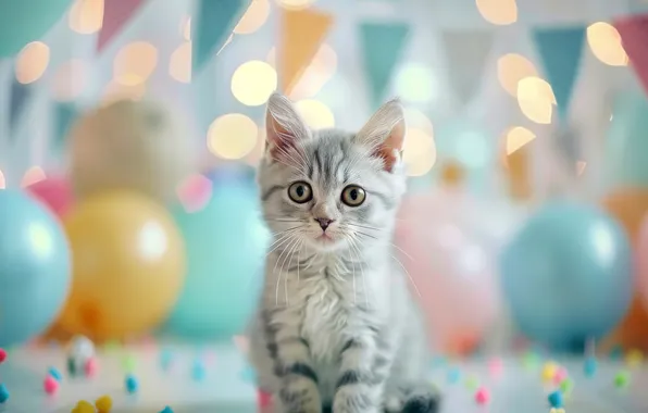 Cat, look, pose, kitty, grey, holiday, balls, face