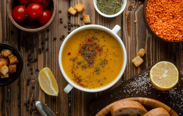 Lemon, plate, bread, soup, tomatoes, tomatoes, spices, salt