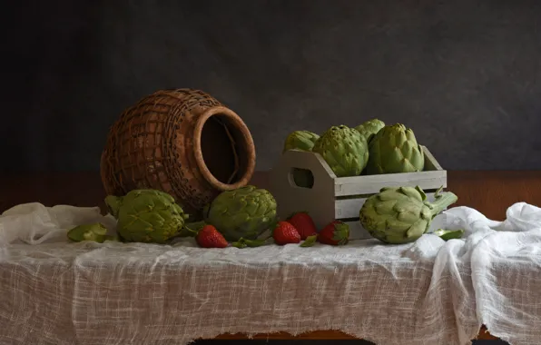Berries, table, strawberry, fabric, pot, still life, box, amphora