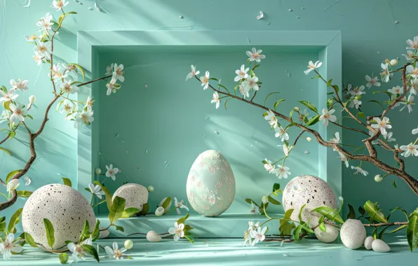 Flowers, branches, holiday, eggs, spring, frame, Easter, flowering