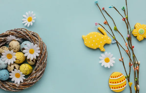 Flowers, chamomile, eggs, spring, colorful, Easter, happy, flowers