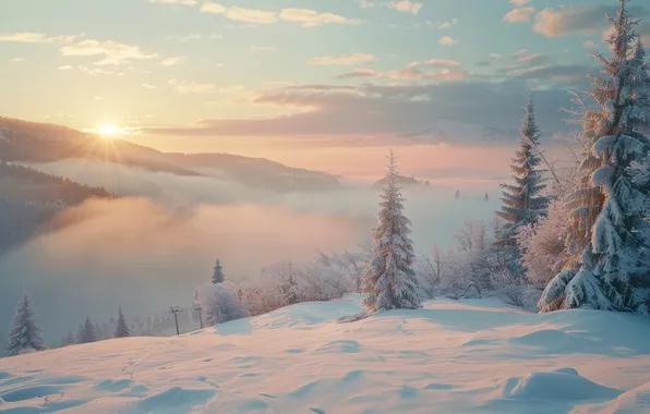 Winter, frost, forest, the sky, the sun, clouds, rays, light