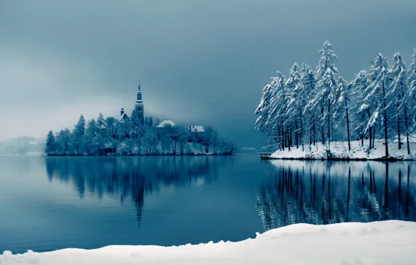 Winter, snow, lake, Cathedral, on the island