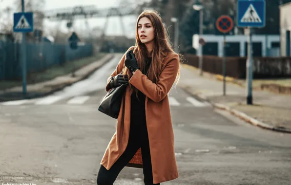 Road, pose, street, portrait, gloves, brown hair, bag, coat