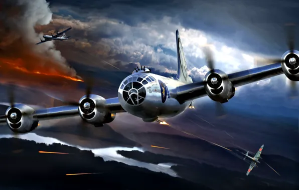 Fire, smoke, theatre, Boeing, bomber, Superfortress, Japanese, fighter-interceptor