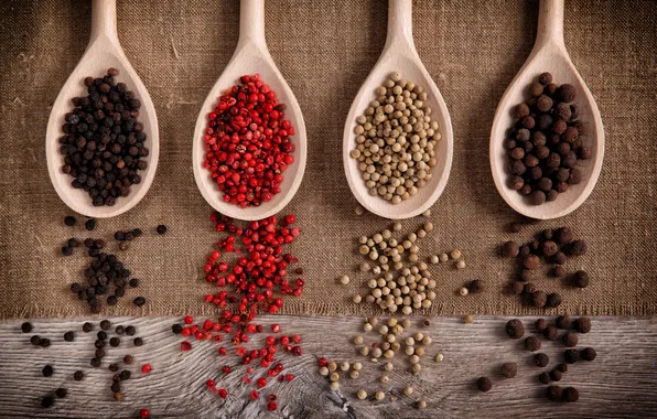 Red, black, polka dot, red, pepper, black, spices, spoon