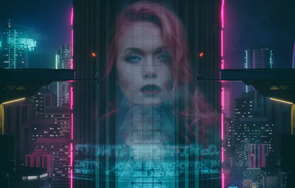 Girl, Night, The city, Neon, Style, Style, Neon, Illustration
