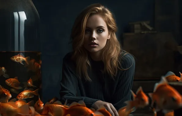 Look, water, girl, fish, face, the dark background, rendering, fantasy