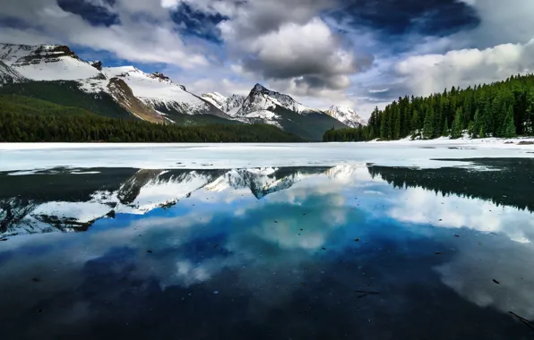 Winter, snow, mountains, nature, lake, Alberta, Canada, Maligne Lake near Jasper