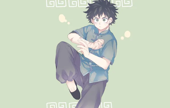 Green background, martial arts, My Hero Academia, Boku No Hero Academy, Midori Isuku, Izuku Midoriya, …