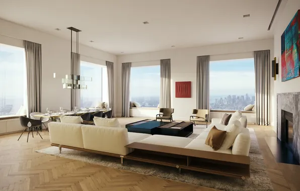 Design, style, skyscraper, interior, fireplace, megapolis, skyscraper, living room