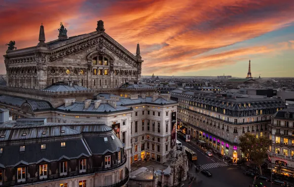 Road, the sky, clouds, sunset, the city, lights, street, France