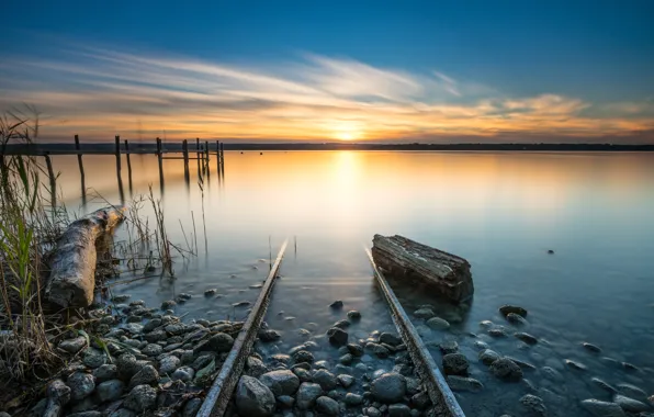 The sky, grass, the sun, clouds, landscape, nature, lake, stones