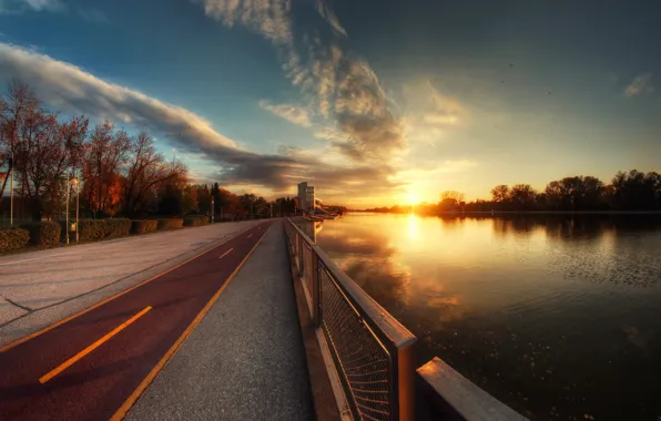 Autumn, the sky, leaves, water, the sun, clouds, rays, trees