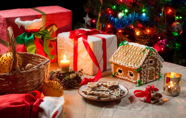Picture oranges, candles, cookies, Christmas, gifts, basket, gingerbread house