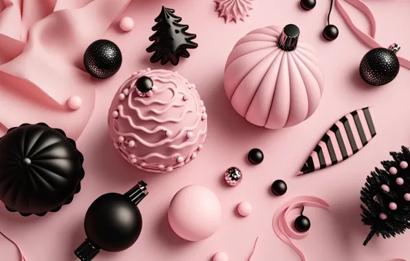 Balls, Christmas, New year, pink, pink background, black, Christmas decorations, AI art
