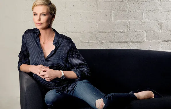 Wall, Charlize Theron, model, brick, jeans, actress, hairstyle, blonde