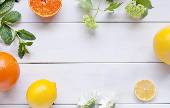 Picture flowers, lemon, orange, citrus