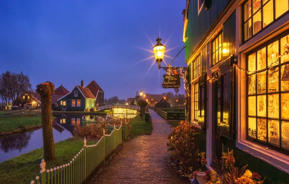Picture the fence, home, the evening, village, lantern, channel, houses, Netherlands