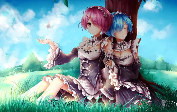 Girls, tree, demons, anime, art, sisters, Ram, maids