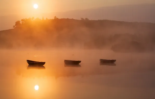 Landscape, fog, lake, boats, morning