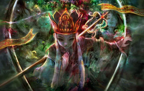 Crown, the portal, mirror, fantasy, girl, staff, by 00