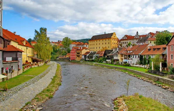 Picture river, stones, street, home, Czech Republic, architecture, krumlov., Ceskiy