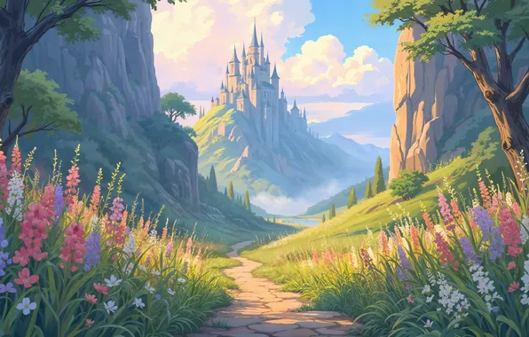 Flowers, Mountains, Trees, Castle, Track, Digital art, AI art, The Art of Artificial Intelligence