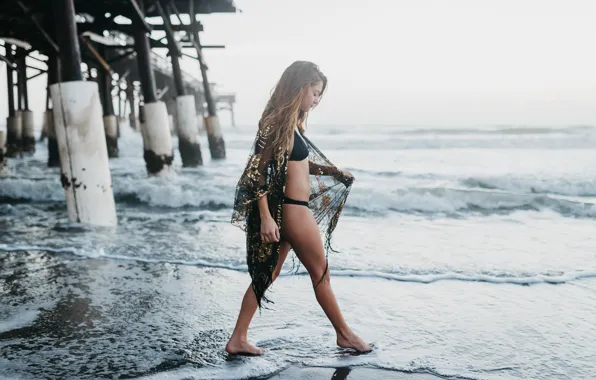 Sea, wave, girl, profile, bikini, is, step