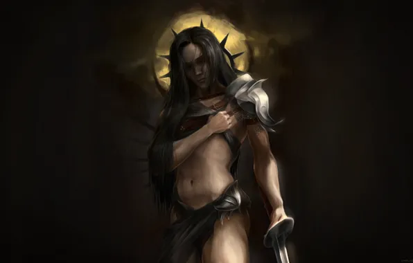 Girl, Night, The moon, Sword, Art, Art, Knight, madeinkipish
