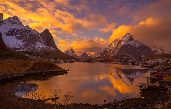 Light, mountains, the evening, Norway, town, settlement, Archipelago