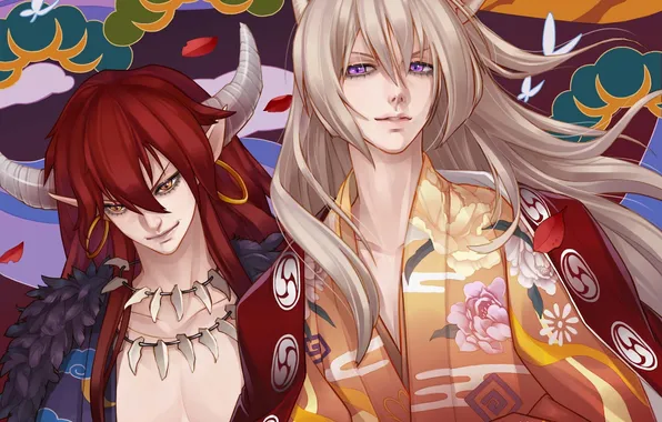 Background, pattern, earrings, art, horns, beads, kimono, guys