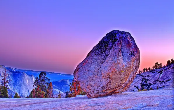 Picture winter, the sky, snow, trees, landscape, sunset, mountains, stone