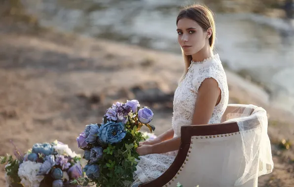 Picture look, flowers, hair, Girl, bouquet, dress, brown hair, shoulders