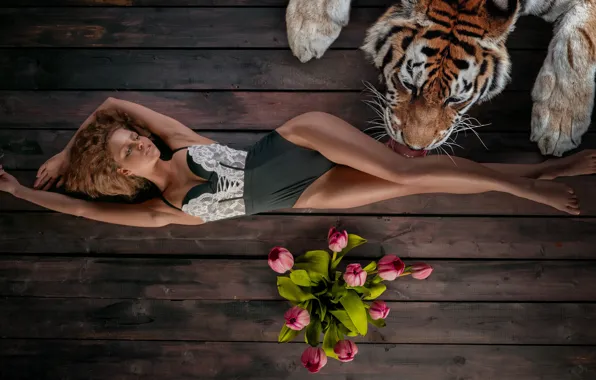 Face, flowers, tiger, pose, model, Board, body, predator