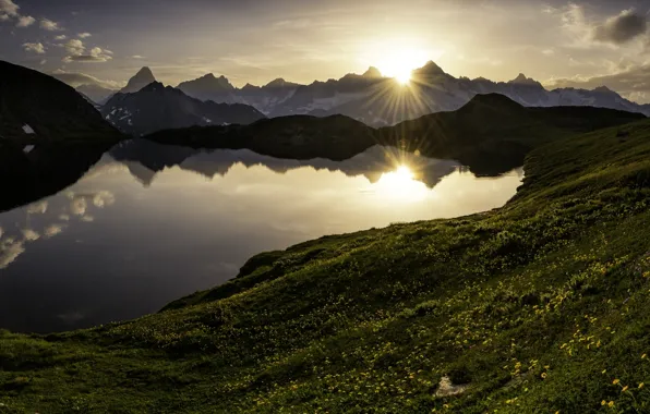 Sunset, mountains, lake, Switzerland, Alps, panorama, Switzerland, Alps