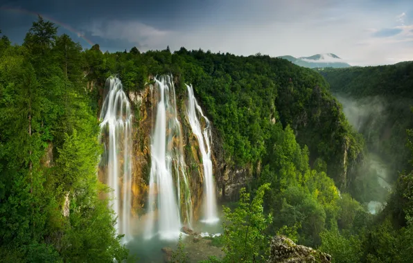 Forest, mountains, river, waterfall, rainbow, gorge