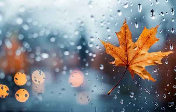 Autumn, glass, water, drops, yellow, the city, lights, sheet