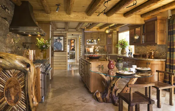 Picture design, style, interior, kitchen, dining room, ranch, wood and stone, Farm house