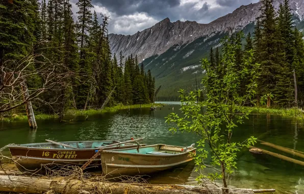 Landscape, mountains, clouds, nature, lake, boats, Canada, Jasper