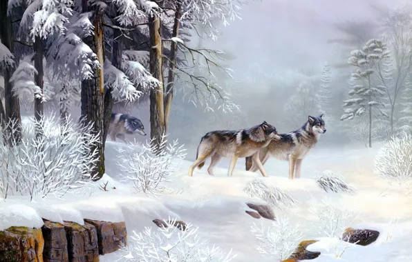 Cold, winter, forest, animals, morning, wolves, painting, Morning Solitude