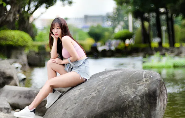 Picture pose, pond, model, shorts, portrait, makeup, Mike, figure